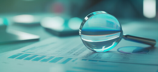 magnifying glass placed on financial documents with charts and graphs, highlighting data analysis