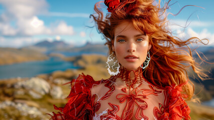 A woman with long, red hair stands on a hilltop, her hair blowing in the wind. She is wearing a red dress with lace detailing. The background is a scenic landscape of mountains and water