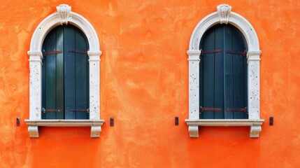 Two arched windows from Italy against orange wall with space for text