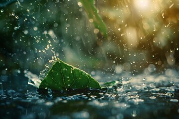 Aufkleber - A green leaf caught under a delicate rain, showcasing the interaction between water and foliage, highlighting the freshness, vitality, and dynamic beauty of nature.