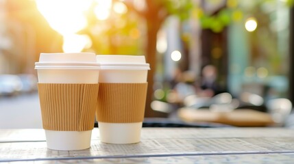 two paper to go coffee cup on outside cafe table close up