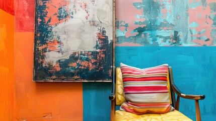 Poster - Chair with cushion and artwork next to colorful wall