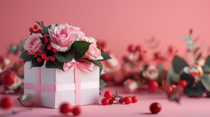 Wall Mural - Festive floral arrangement with roses and gift box on pink background