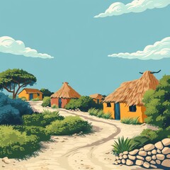 Wall Mural - Colorful Minimalist Illustration of Neolithic Village

