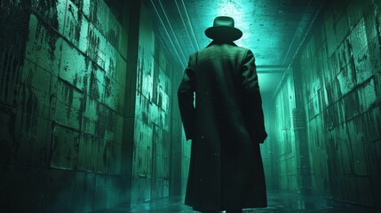 Wall Mural - A man in a black coat and hat stands in a dark hallway