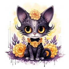 Poster - a black cat with yellow flowers on its head