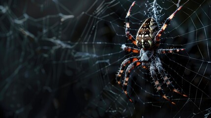 Wall Mural - Scary spider on white cobweb against dark background perfect for Halloween with space for text