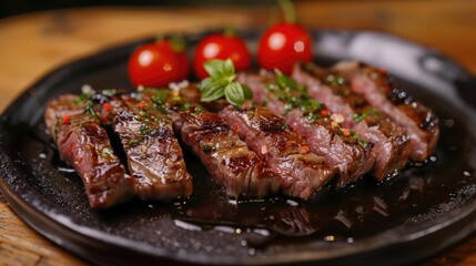 Poster - Sliced grilled beef steak on black dish with wood background Homemade cooking concept with Thai dishes