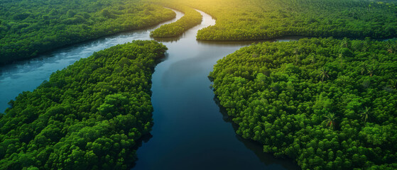Canvas Print - An aerial view of a mangrove forest in shallow water presents a tropical landscape with green trees, a wide river with sunlight, and a peaceful nature scene.