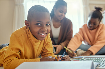 Canvas Print - Boy, black child and portrait in living room for homework, learning literature or education. Family, young kids with woman parent on floor for teaching, growth development or bonding together in home