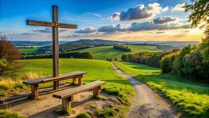 Rastplatz am Jakobsweg mit Kreuz im Hintergrund