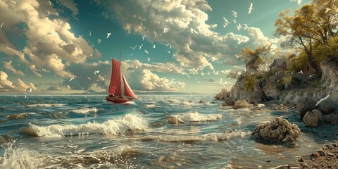 Canvas Print - Sailboat on a Calm Sea with a Rocky Coast