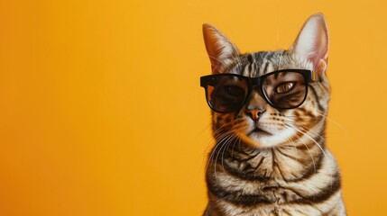 Sticker - Stylish Bengal cat wearing sunglasses on orange backdrop closeup Text space available