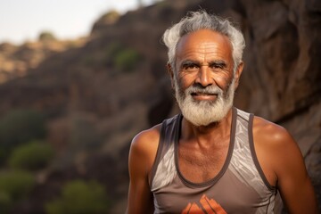 Wall Mural - Portrait of a merry indian man in his 60s wearing a lightweight running vest in rocky cliff background