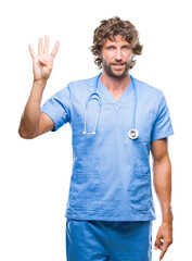 Canvas Print - Handsome hispanic surgeon doctor man over isolated background showing and pointing up with fingers number four while smiling confident and happy.