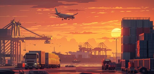 Cargo Ship at Port with Trucks and Airplanes during Sunset