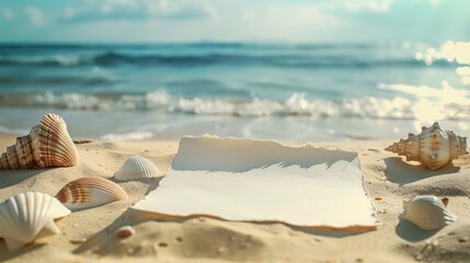 Sticker - Beach View with Blank Paper and Seashells