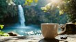 © TheWaterMeloonProjec - Coffee cup with waterfall view in the background and space for text