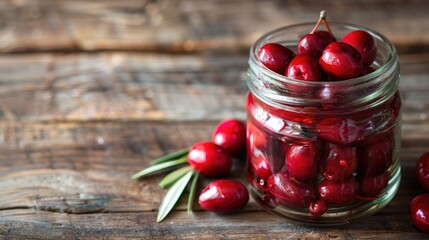 Wall Mural - Tasty pickled red olives in a glass jar on a wooden background with space for text Close up shot suitable for vegans