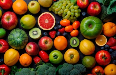 Wall Mural - Beautiful vibrant flat lay photo of different fresh juicy fruits and vegetables harvest. Colorful healthy nutrition food photography background wallpaper concept.	