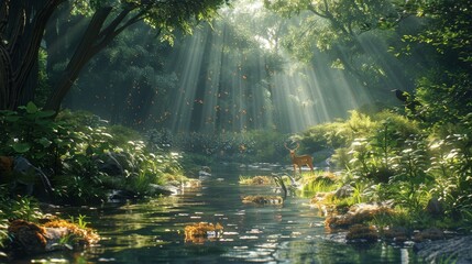 A lush forest teeming with wildlife, sunlight 