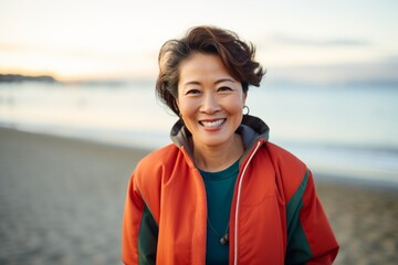 Wall Mural - Portrait of a grinning asian woman in her 50s sporting a stylish varsity jacket over stunning sunset beach background