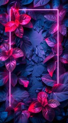 Wall Mural - Abstract neon frame with vibrant pink and purple leaves on a dark background, perfect for stylish and modern designs.