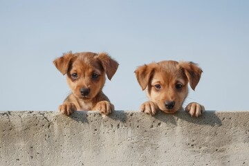 Wall Mural - Two Curious Puppies Peeking Over a Wall. Generative AI.