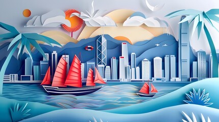 Vibrant Cityscape with Sailing Boats and Glowing Sky