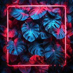 Wall Mural - Abstract neon-lit Monstera leaves in a vivid red and blue color palette framed by bright neon lights. Perfect for modern designs.