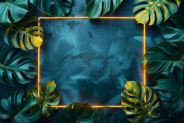 Wall Mural - Lush tropical leaves frame neon glowing square on dark background, ideal for exotic nature-themed designs and modern decor concepts.