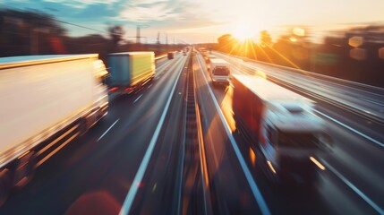 Wall Mural - Semi-trucks race down a multi-lane highway at sunset, with the sun glowing behind them