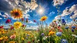 © DigitalArt Max - Vibrant wildflowers sway gently in the warm breeze, bathed in soft sunlight, against a serene blue sky with fluffy white clouds.
