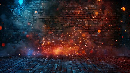 Dimly lit basement room, weathered brick walls, red and gold sparks of fire, light flickering on the wooden floor, heavy smoke, neon blue lamps, night scene, ultra hd high quality image