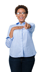 Wall Mural - Young beautiful african american business woman over isolated background Laughing of you, pointing to the camera with finger hand over chest, shame expression