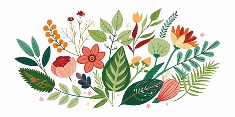 Wall Mural - Delicate, hand-drawn illustration of various botanical elements, including leaves, stems, and flowers