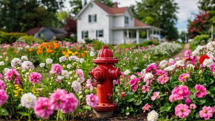  a fire hydrant and house in a very bloomy field of flowers and some pink, white, green, orange, red and yellow flowerss and other color,