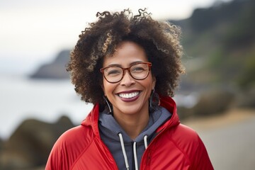 Wall Mural - Portrait of a smiling afro-american woman in her 50s sporting a stylish varsity jacket over rocky shoreline background