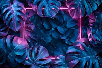 Wall Mural - Neon-themed tropical monstera leaves background with vibrant blue and purple hues framed by glowing neon lines, perfect for modern designs.