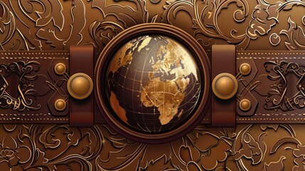 A stylized vector image of a globe integrated into the binding of an ancient leather book, depicted in rich browns and golds, evoking the theme of global history and literature.