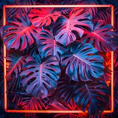 Wall Mural - Vibrant monstera leaves in neon pink and blue hues, creating a stunning tropical, exotic, and modern aesthetic framed by a neon border.