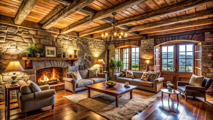 Poster - Cozy rustic living room with stone walls, wooden ceiling, and vintage furniture, illuminated by warm soft natural light filtering through.