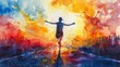 © Anissa - Vibrant watercolor of triumphant runner at sunset, arms raised in victory, against a background of cheering crowd and vivid colors.