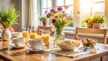 Canvas Print - Cozy morning scene with empty dining table set for breakfast, bowl of cereals, juice glasses, and a vase with fresh flowers.