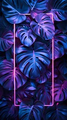 Wall Mural - Vibrant neon tropical leaves with a glowing frame, creating a striking modern aesthetic in purple and blue tones.