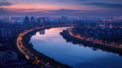 A cityscape at nightfall, with city lights reflected on the calm surface of a river winding through downtown.