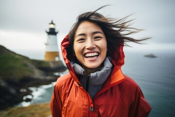 Sticker - Portrait of a happy asian woman in her 20s wearing a windproof softshell isolated on majestic lighthouse on a cliff background