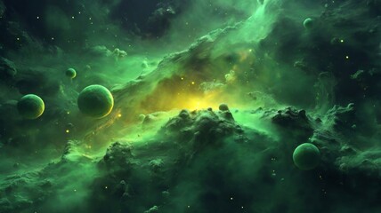 green nebula space background with a touch of yellow light
