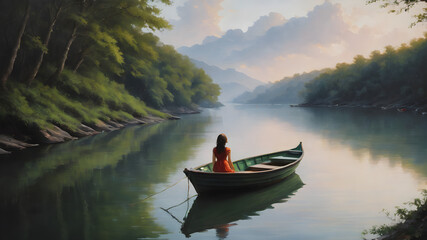 Wall Mural - Woman alone on a boat, painting