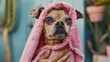 © esp2k - A small dog is wearing a pink towel and looking at the camera